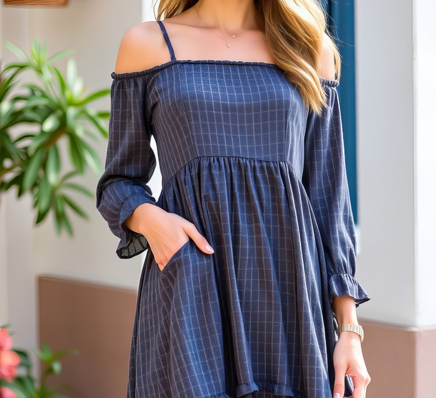 Blue Checkered Ruffle Dress