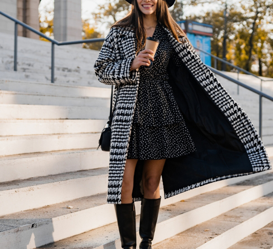 Hounds-tooth Check Maxi Coat