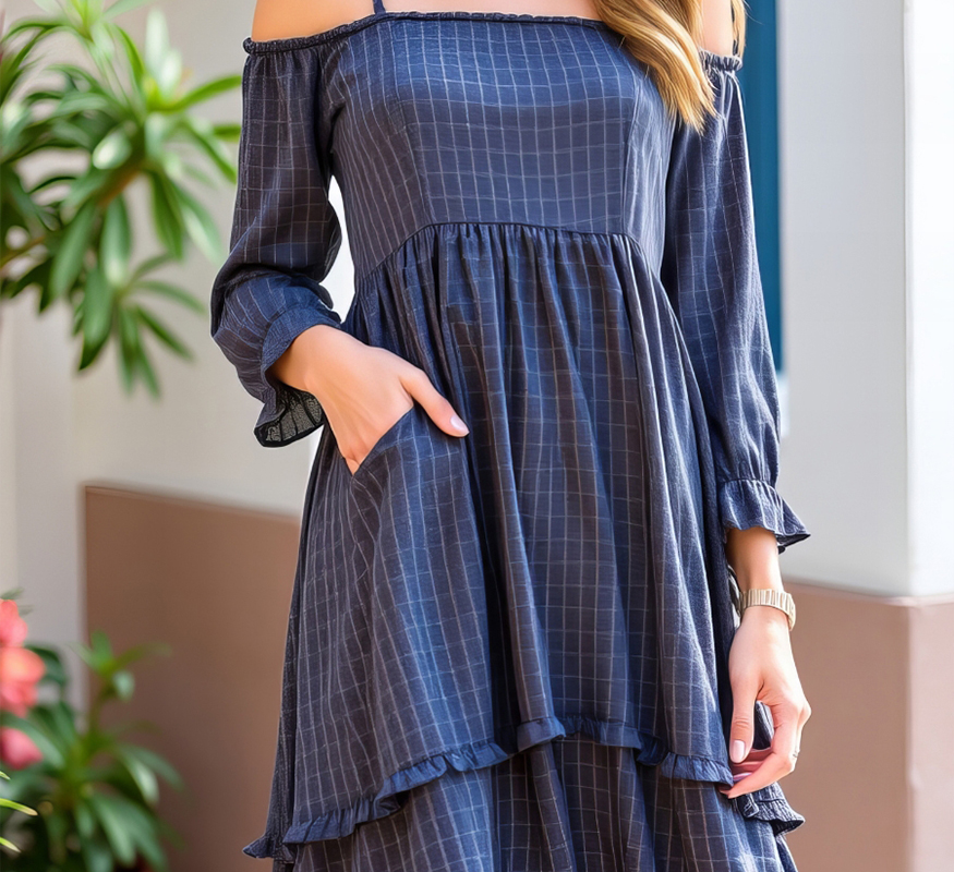 Blue Checkered Ruffle Dress
